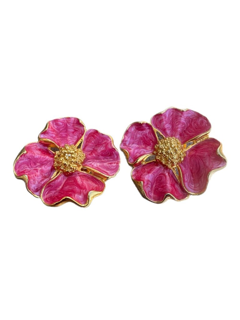1.75" CLIP ON Avon Vintage 1990s Pink Enamel Dogwood Flower Statement Earrings - Picture 2 of 4